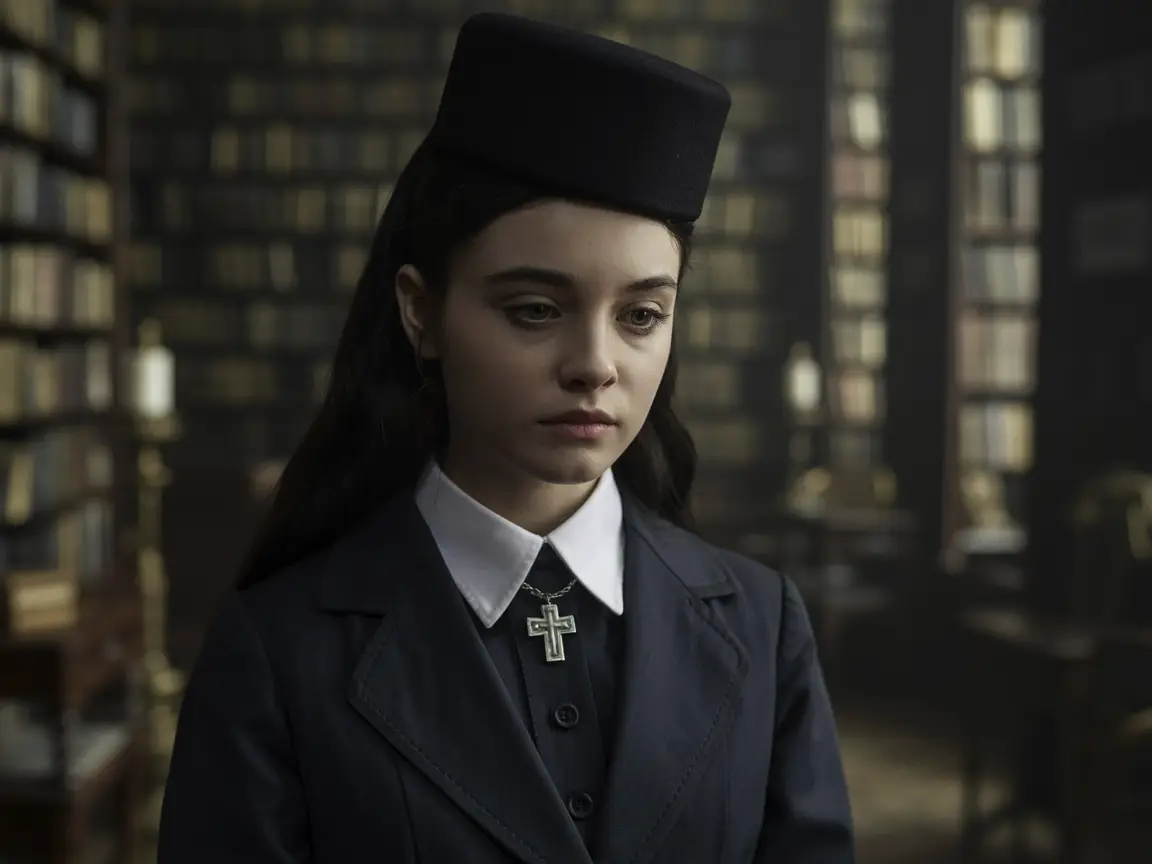 Gothic schoolgirl in dark uniform, realistic portrait photography, soft lighting, elegant atmosphere, cinematic realism