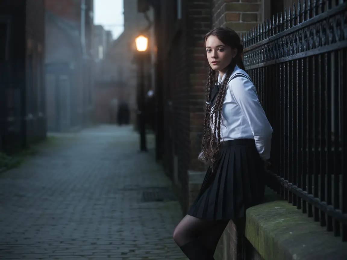 Gothic schoolgirl leaning on an iron fence, realistic urban background, cinematic lighting