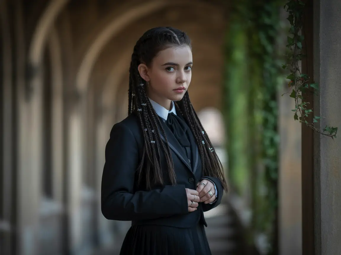 Realistic photo of a gothic girl with braids and school uniform, natural morning light, soft background blur