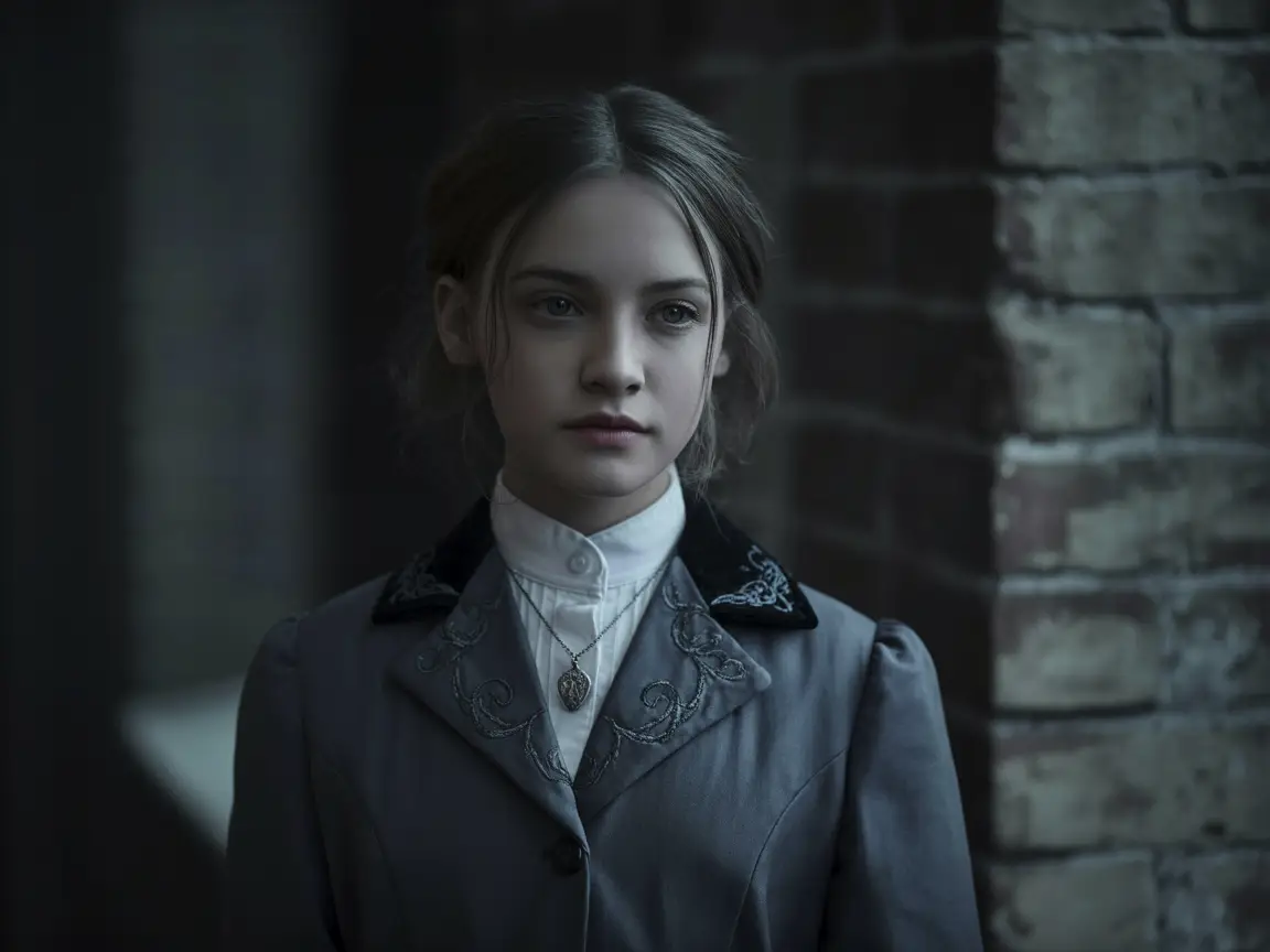 Moody portrait of a gothic schoolgirl, realistic skin tones, detailed uniform design, minimal expression