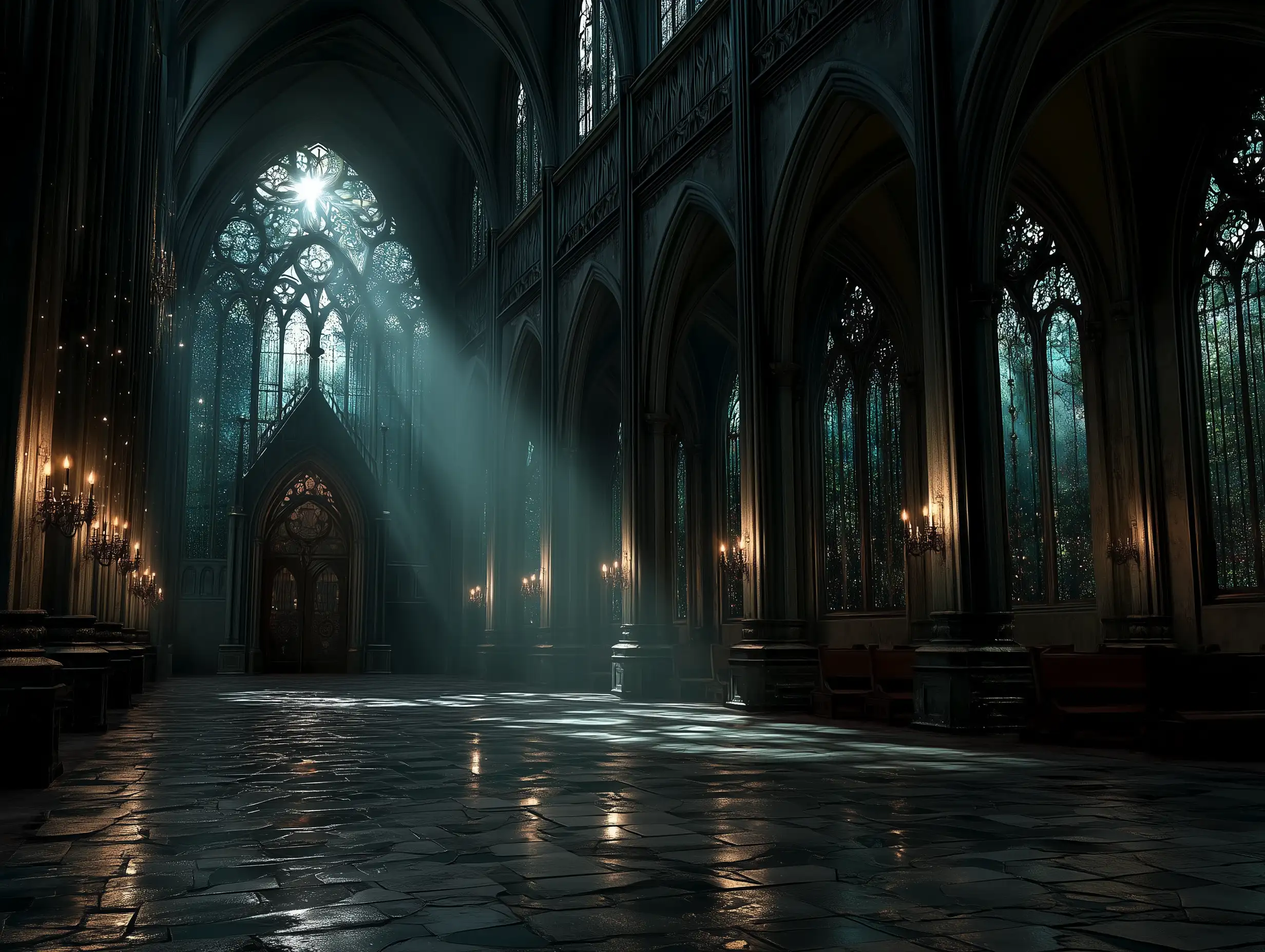 Gothic cathedral interior with towering pointed arches, moonlight streaming through stained-glass windows, dramatic shadows, stone textures, atmospheric fog