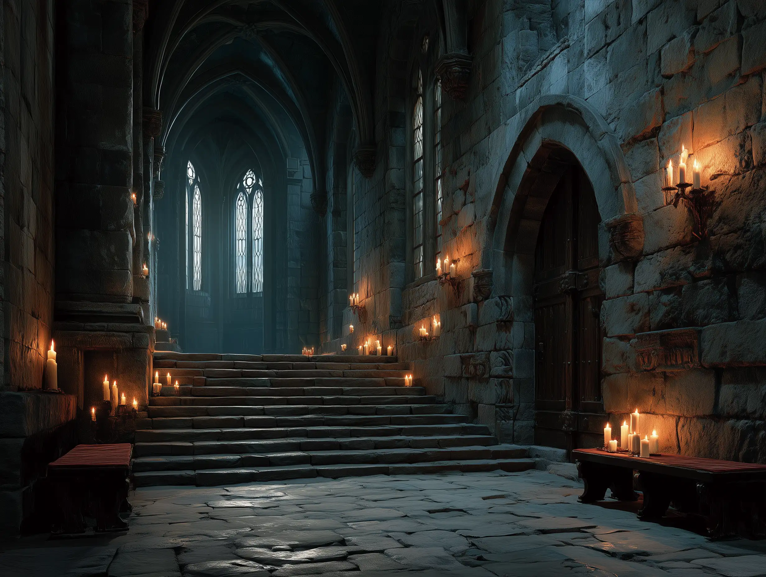Gothic medieval throne room lit by candles, heavy stone walls, tall arches, deep shadows, regal dark fantasy atmosphere [图片]