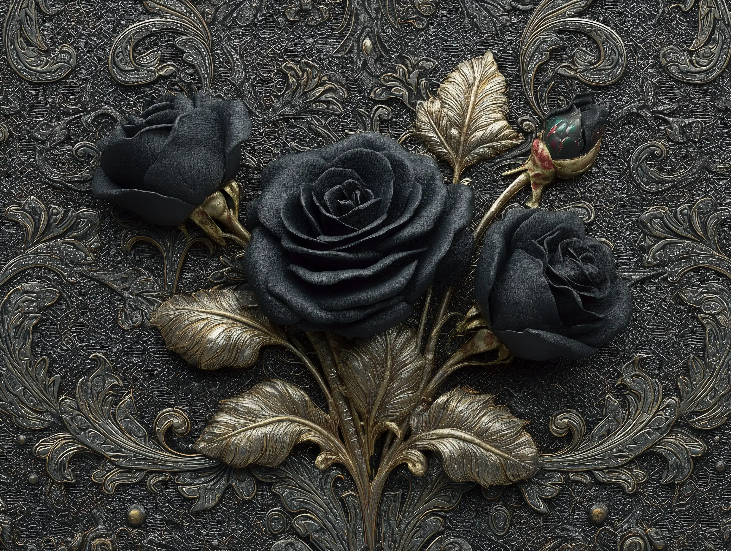 Elegant black roses woven into ornate gothic baroque patterns, silver metallic accents, dark ornamental texture, luxurious gothic aesthetic