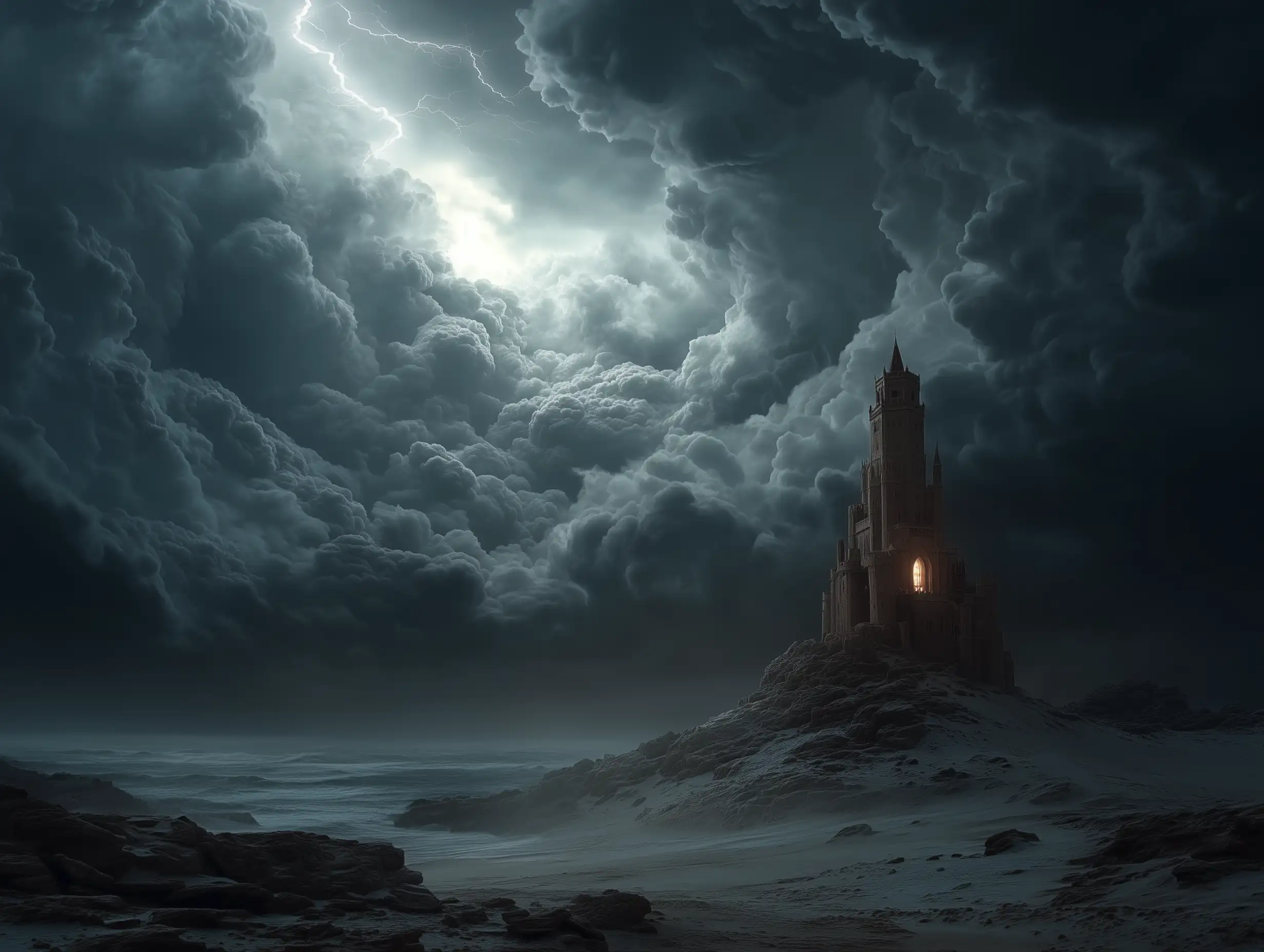 Ancient gothic castle tower under storm clouds, lightning illuminating the structure, dramatic cinematic lighting, dark fantasy atmosphere