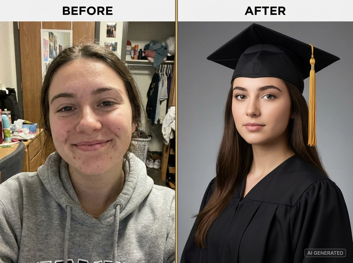 Selfie → Official graduation photo