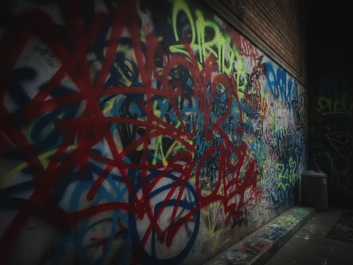 A wall covered with layered graffiti tags, spray paint texture, artistic chaos, cinematic depth of field