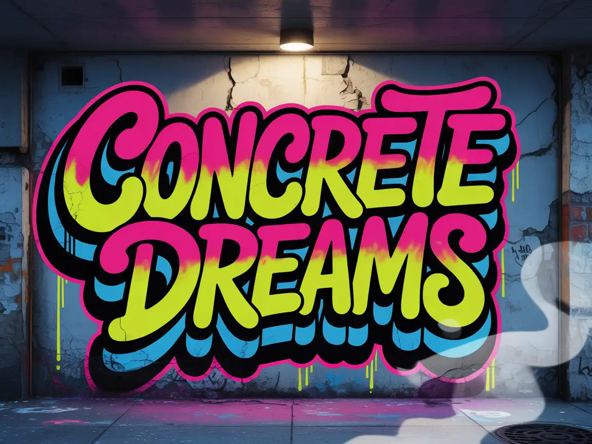 Graffiti mural inspired by New York street culture, vibrant lettering, concrete wall realism
