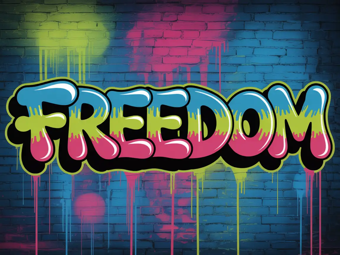 Digital graffiti of the word "FREEDOM" in 3D bubble letters, dripping paint, high-resolution street style