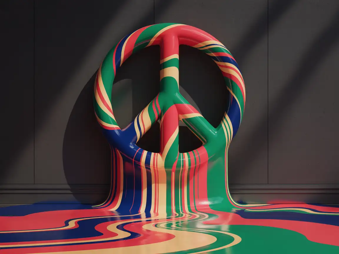 Digital graffiti featuring a peace sign made of colorful paint drips, highly detailed texture, realistic shading