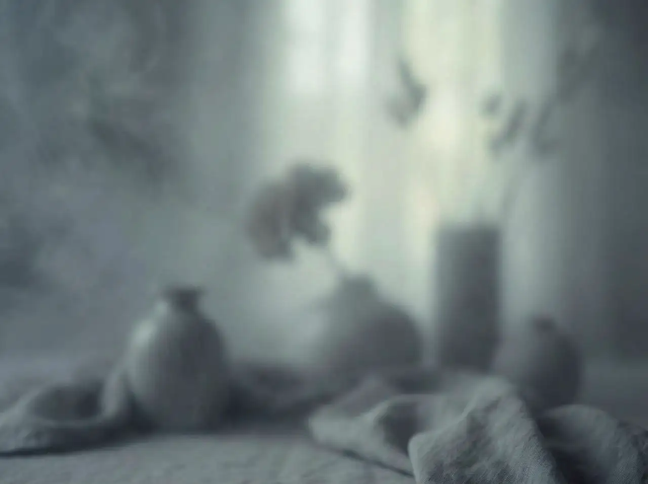 misty cool-gray backdrop with dreamy blur, soft ambient light, calming aesthetic