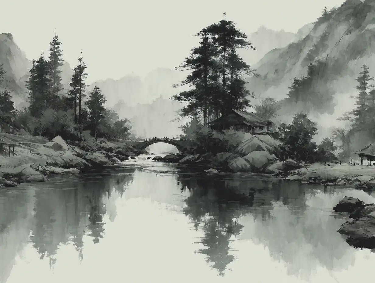 Grayscale ink wash painting style landscape, delicate strokes, poetic minimalism, soft water texture, serene monochrome design 