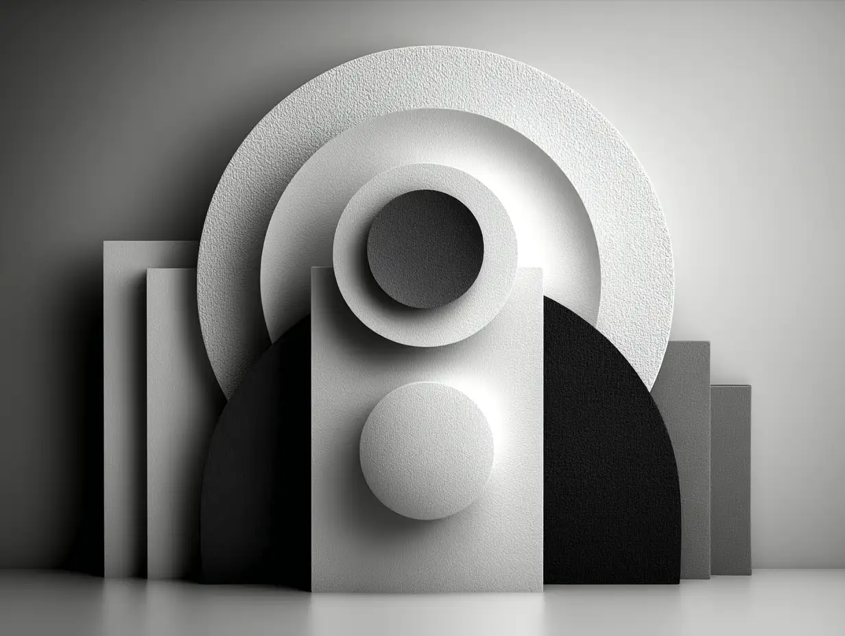 Monochrome geometric circles and rectangles layered softly, muted shadows, minimal composition, crisp grayscale tones, modern graphic wallpaper aesthetic