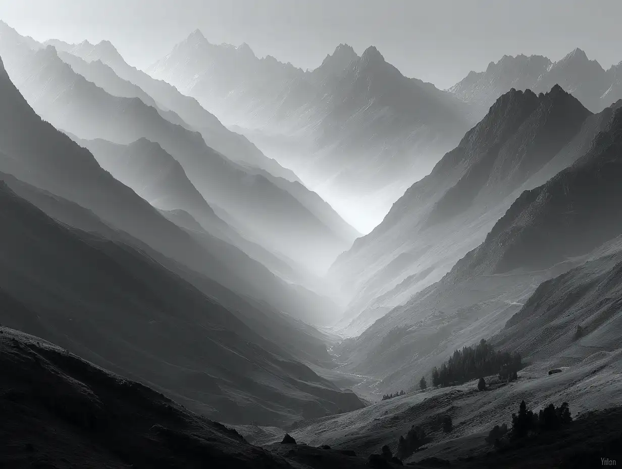 Cinematic grayscale mountains fading into mist, high contrast foreground, ultra-soft atmospheric haze, film-like depth, peaceful minimalist landscape  [图片]