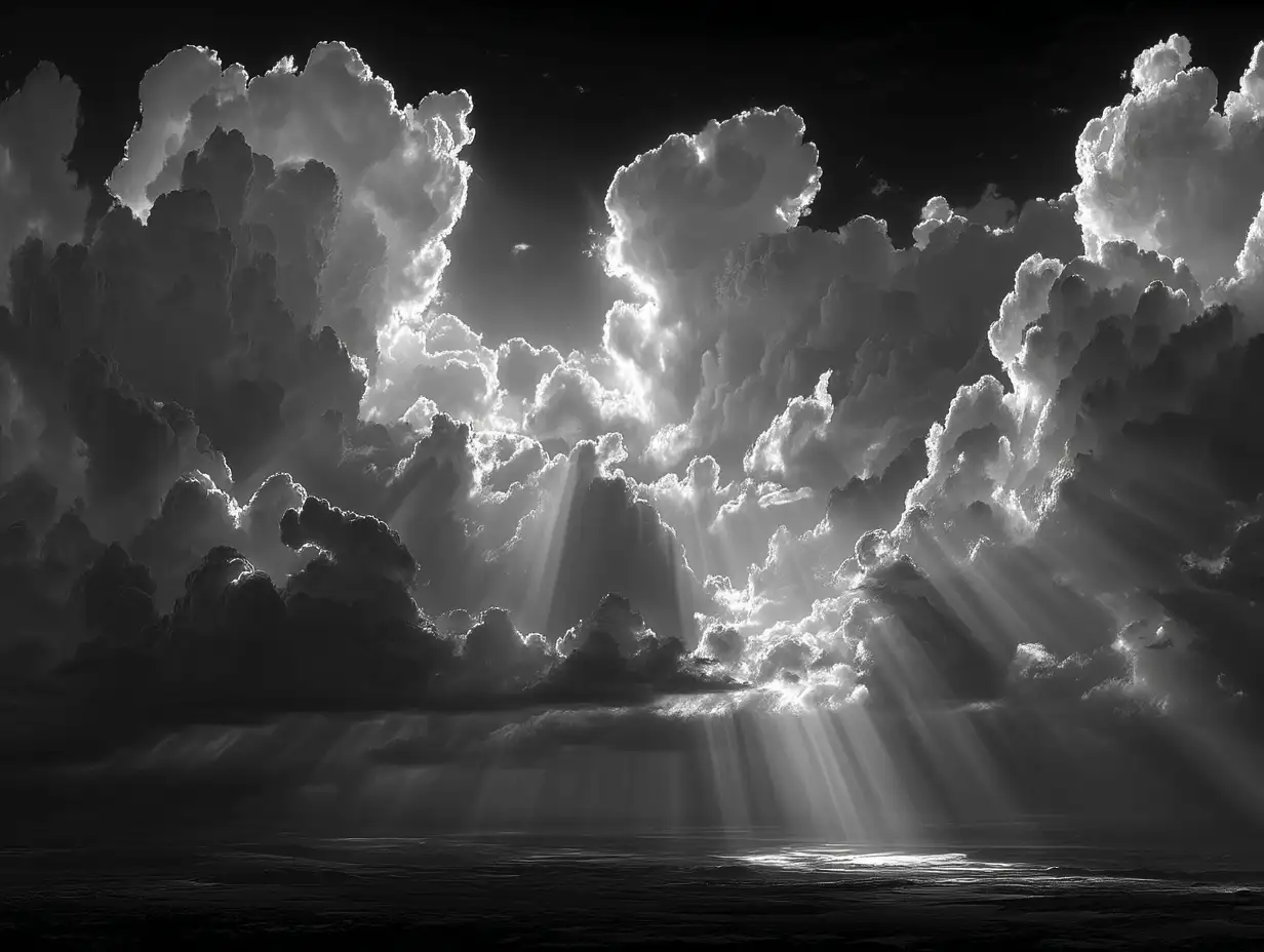 Wide cinematic grayscale horizon with dramatic light rays, soft clouds, deep contrast, film-inspired mood, atmospheric wallpaper aesthetic