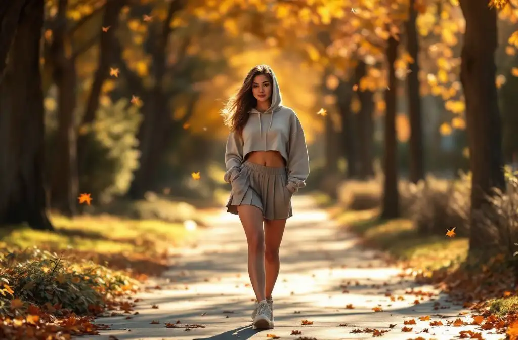 Sporty girl with toned legs and curvy waist walking on campus pathway Wearing casual cropped hoodie and pleated skirt, autumn leaves falling, sunlight reflecting on her smooth skin, natural posture, realistic shadows and depth, 8K ultra realistic.