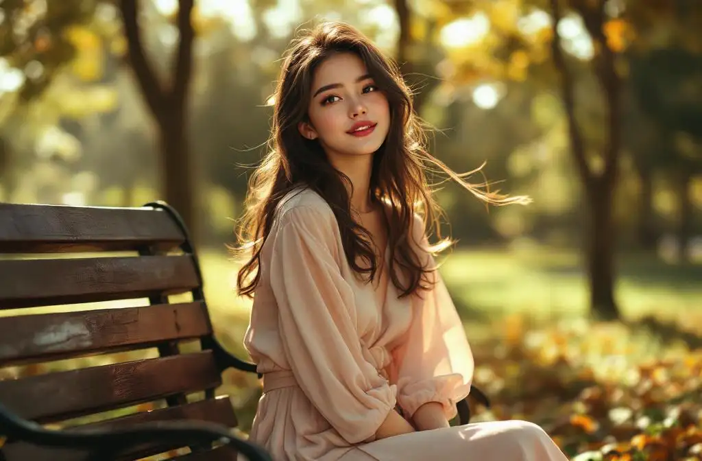 Dreamy aesthetic portrait, girl sitting on bench in park Wearing flowy pastel blouse tucked into high-waist skirt, soft curves, sunlight through trees, gentle wind, calm smile, ultra realistic, film photography, shallow depth of field.