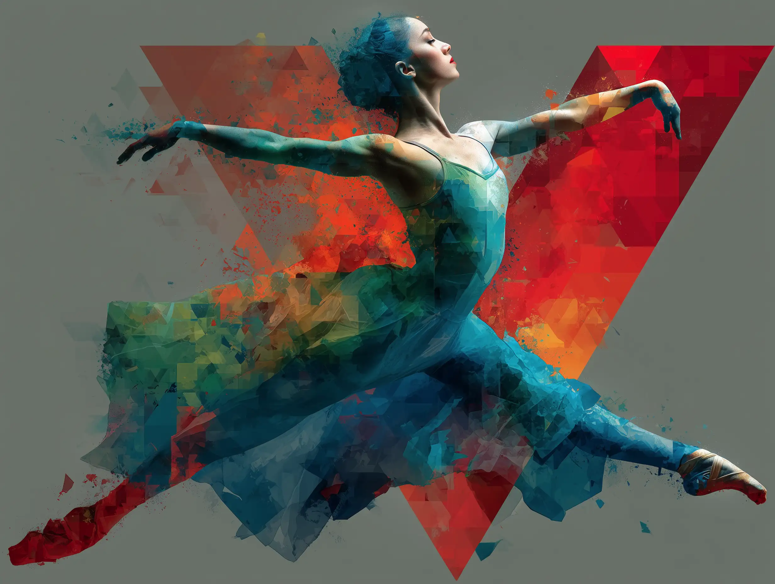 Abstract geometric gymnast in mid-air jump, dynamic shapes, sharp edges, high-energy sports branding logo