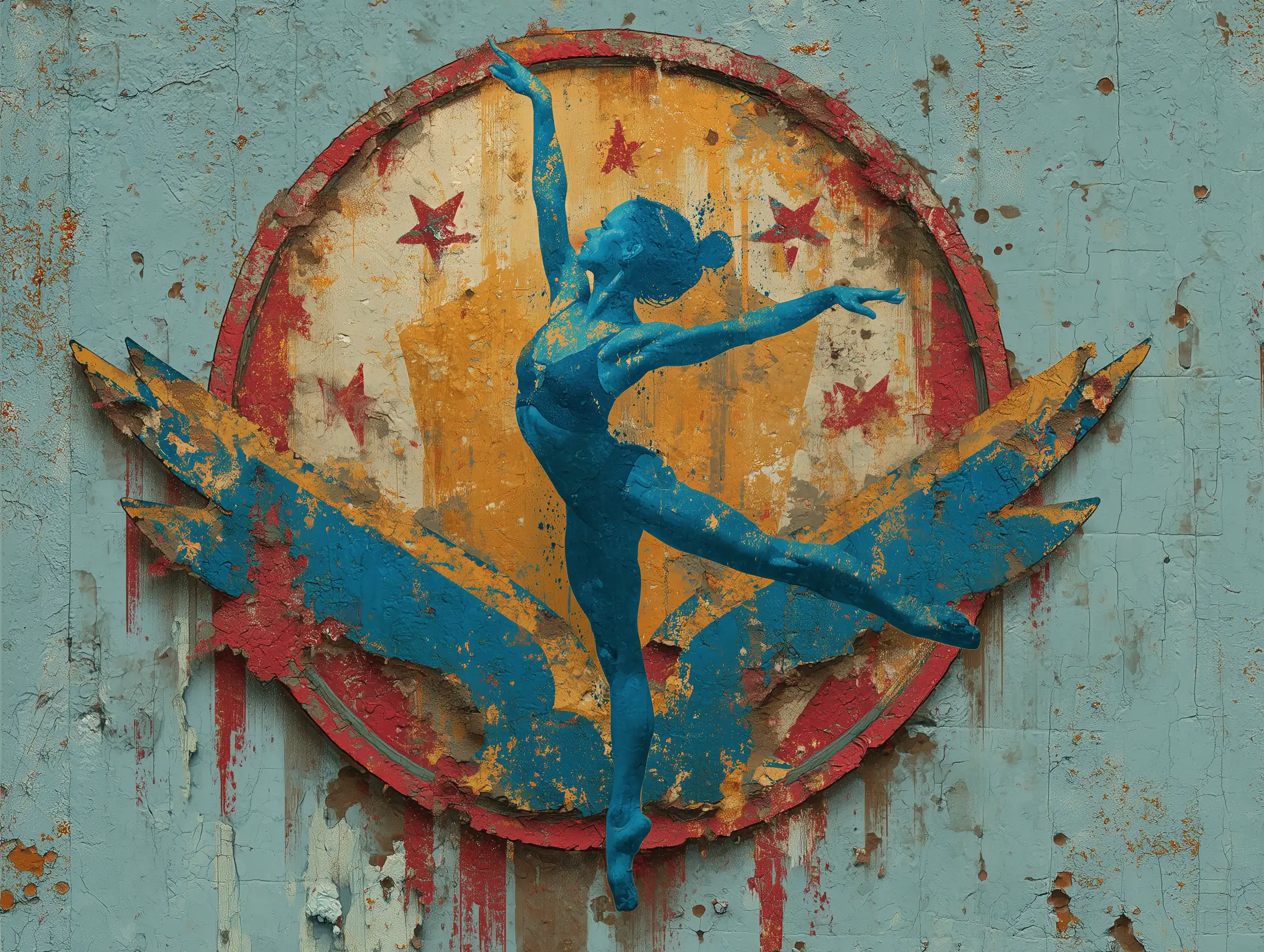 Retro athletics badge featuring gymnast silhouette, stars and circular crest shape, vintage sports emblem design