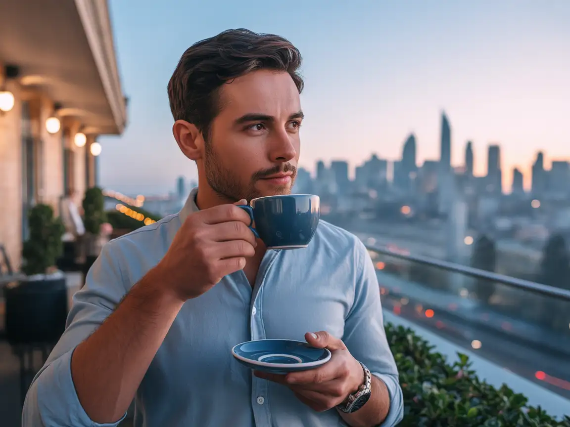 A handsome man in casual attire holding a stylish coffee cup, standing on a balcony adorned with small plants and light decorations, overlooking a vibrant cityscape bathed in morning light.