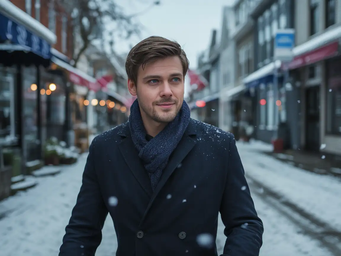 A handsome man with intense blue eyes, wearing a navy coat and a scarf, strolling through snow-covered streets lined with quaint buildings and falling snowflakes.