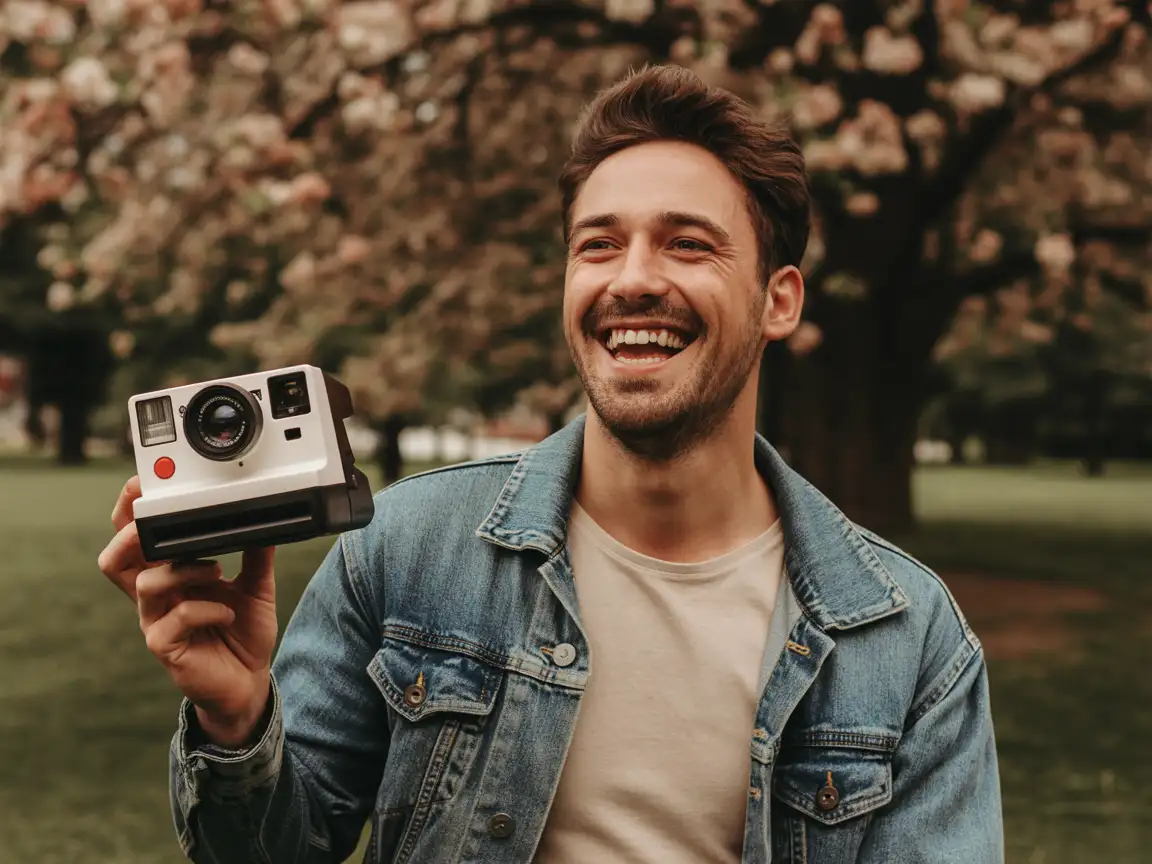 A handsome man with a charming smile, dressed in a casual outfit such as a denim jacket and a plain white t-shirt.