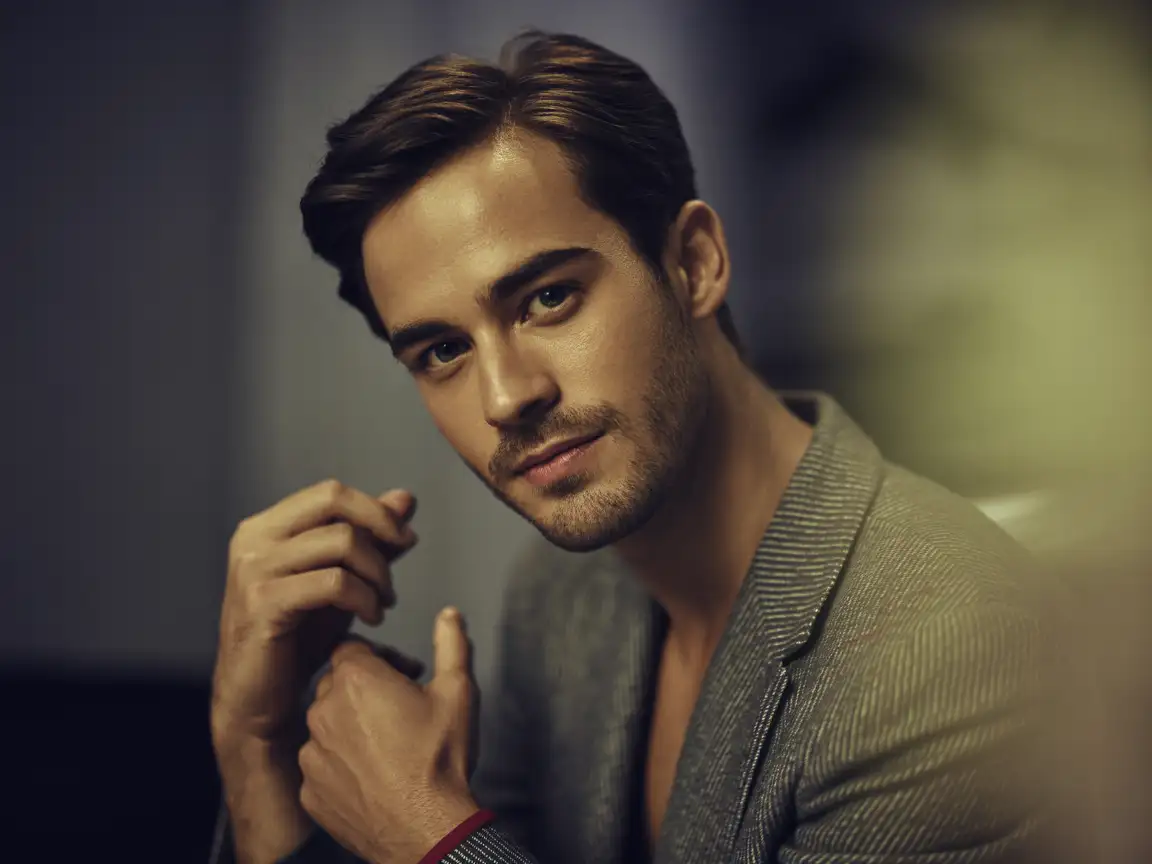A handsome male actor posed in a stylish outfit, with defined jawline and captivating eyes, facing the camera.