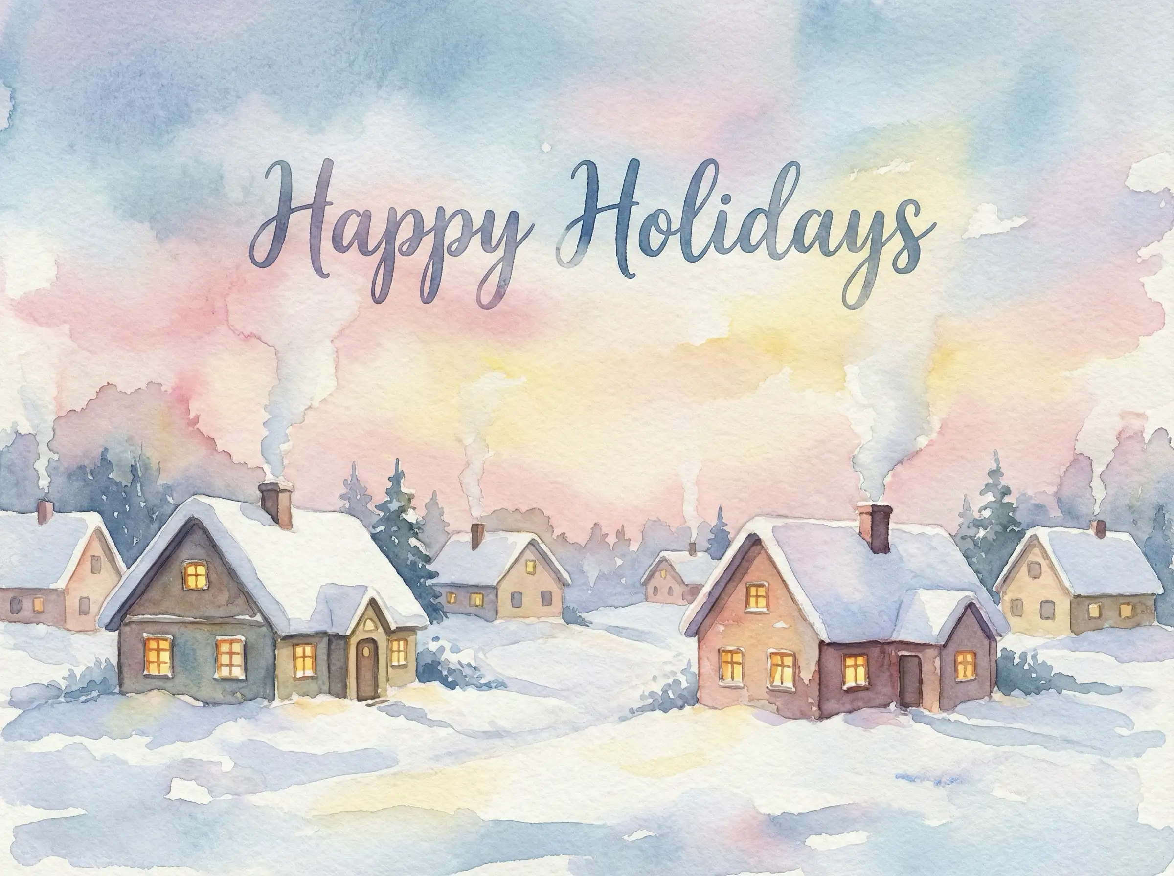 Aquarell-Schneedorf mit sanften Pastelltönen, leuchtenden Fenstern, sanften Pinseltexturen, handgemalte „Frohe Feiertage“-Schrift