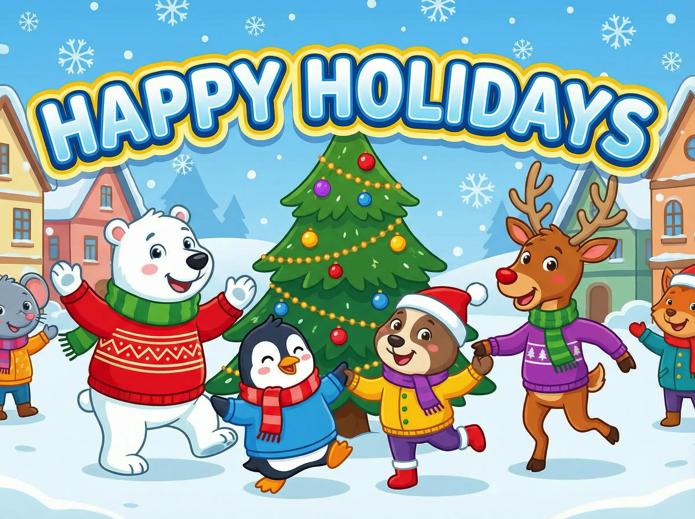 Süße Cartoon‑Charaktere feiern Winterfeiertage, helle Farben, lachende Gesichter, Schneeflocken, fröhliche „Frohe Feiertage“‑Sprechblasen‑Schrift