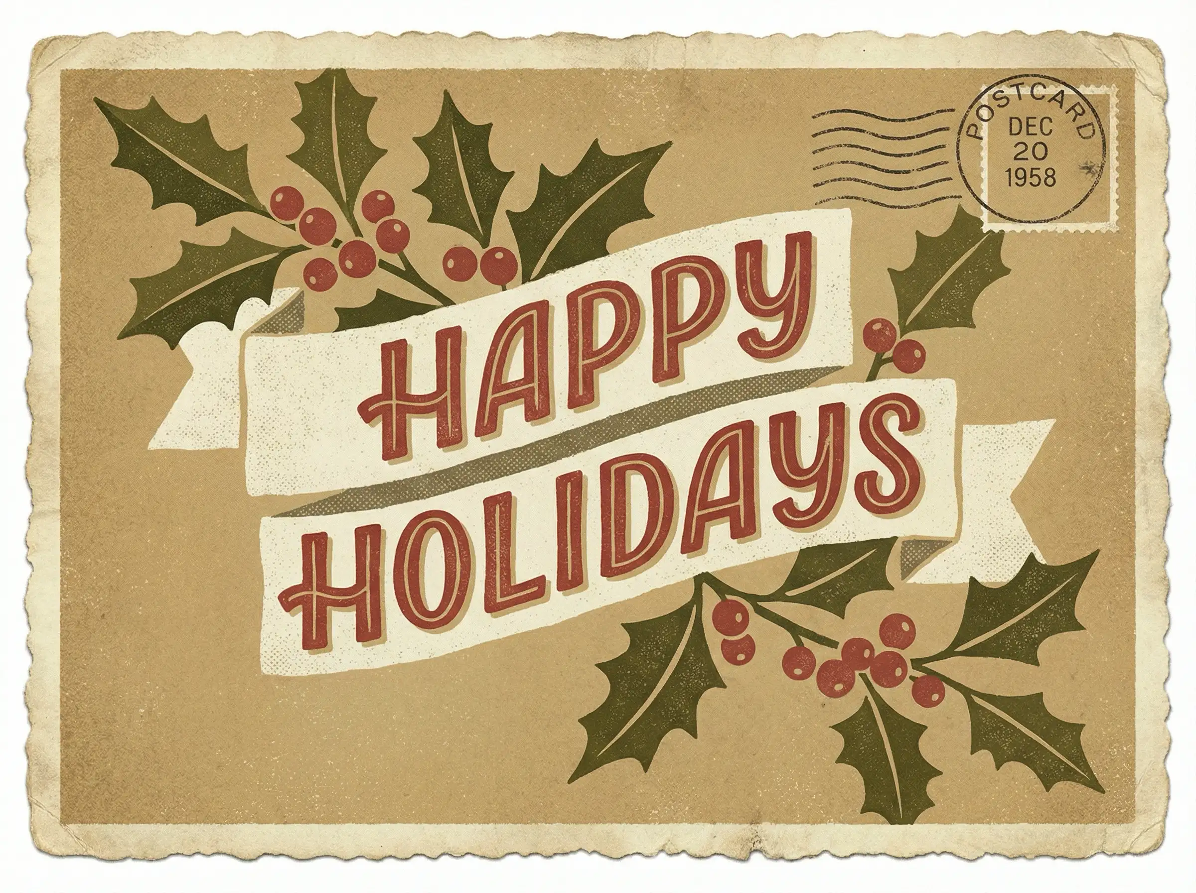 Vintage‑Postkarten‑Design mit klassischer Stechpalme, gedämpfte Rot‑ und Grüntöne, Körnungstextur, retro „Frohe Feiertage“‑Typografie