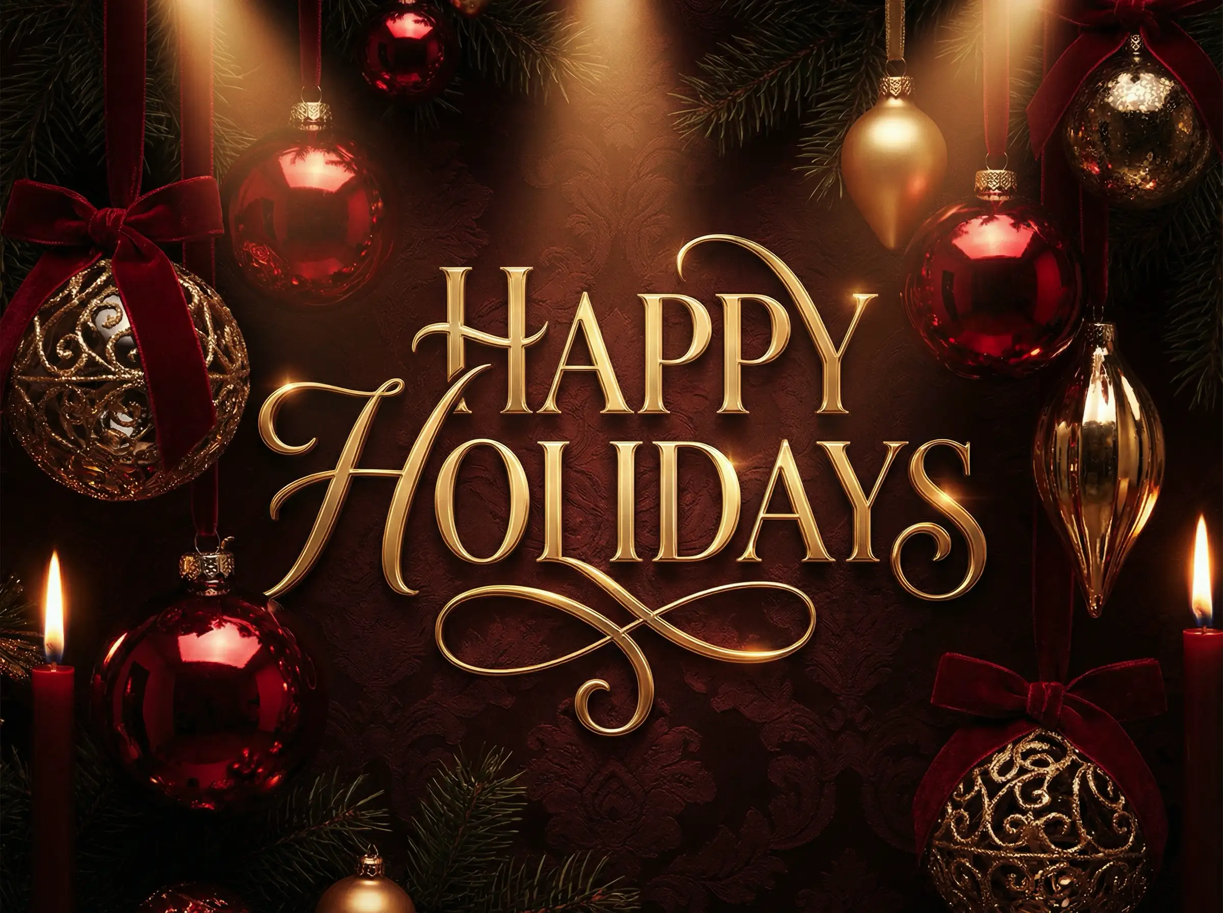 Luxus Rot‑und‑Gold‑Feiertagsplakat mit glänzenden Ornamenten, dramatischem Licht, premium „Frohe Feiertage“‑Typografie