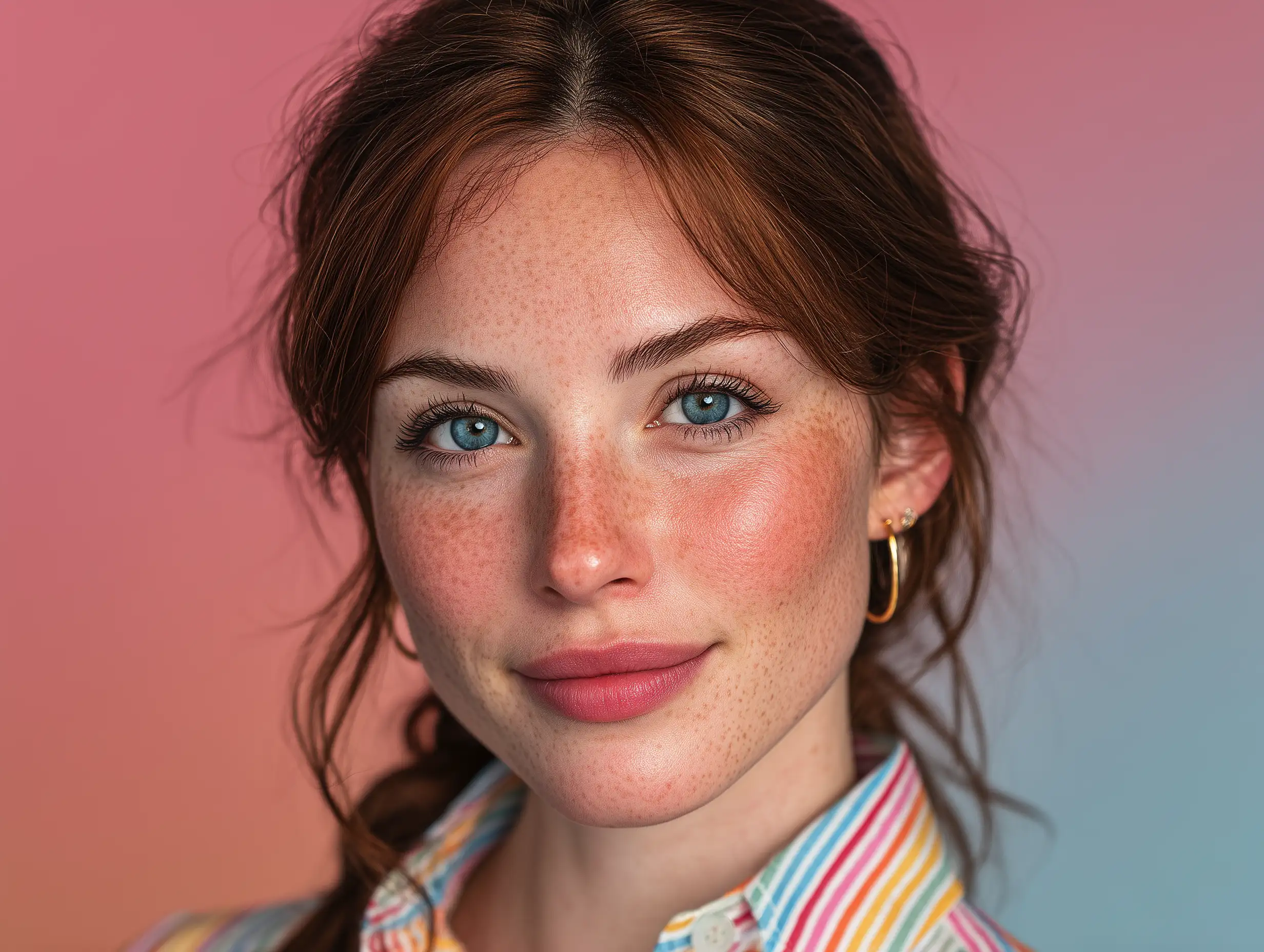 Creative professional headshot with pastel gradient background, diffused soft lighting, expressive but professional pose, neat styling, magazine-like editorial finish,