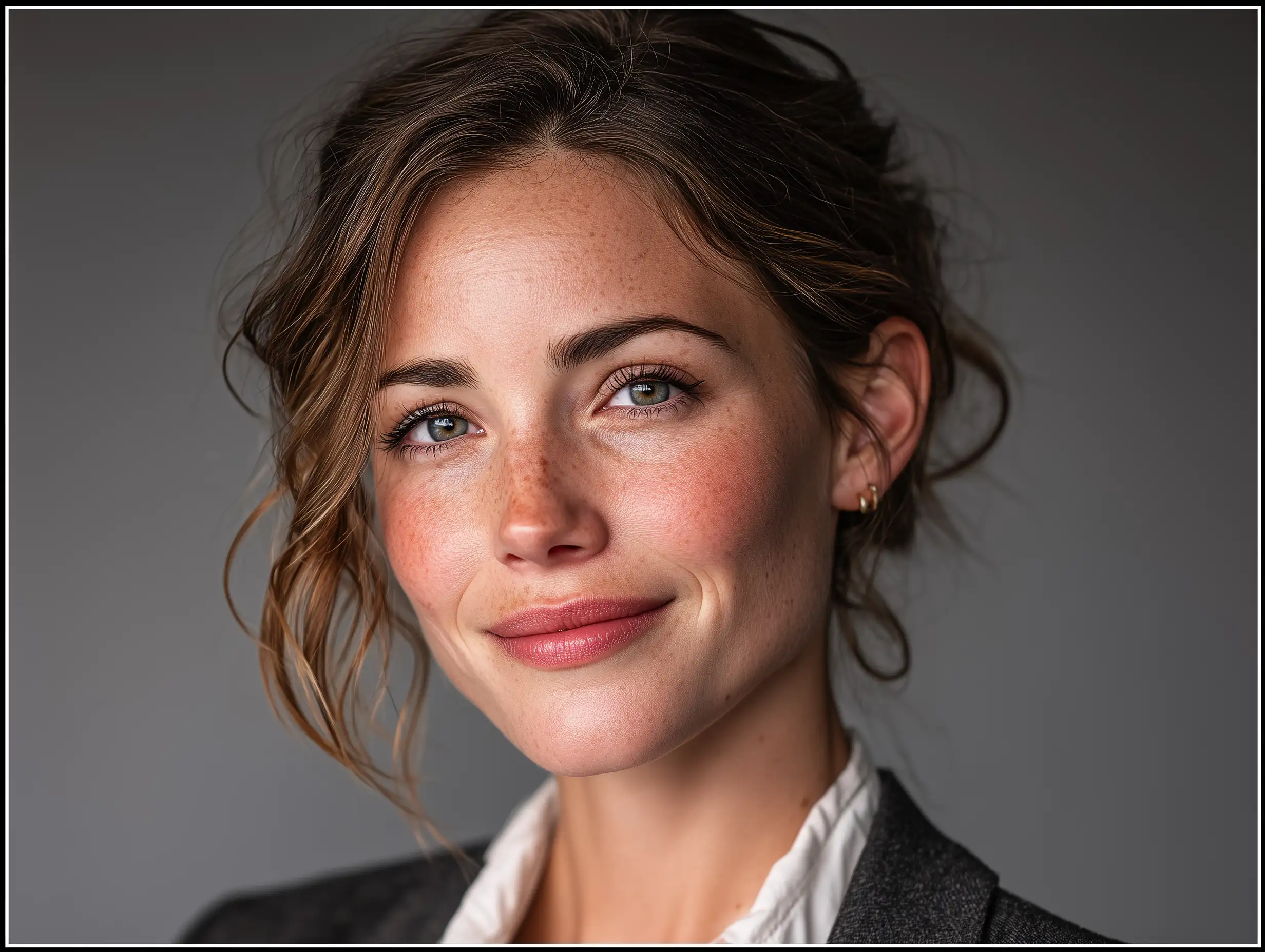 Professional corporate headshot, soft studio lighting, neutral grey gradient background, clean business attire (dark blazer, white shirt), natural confident expression