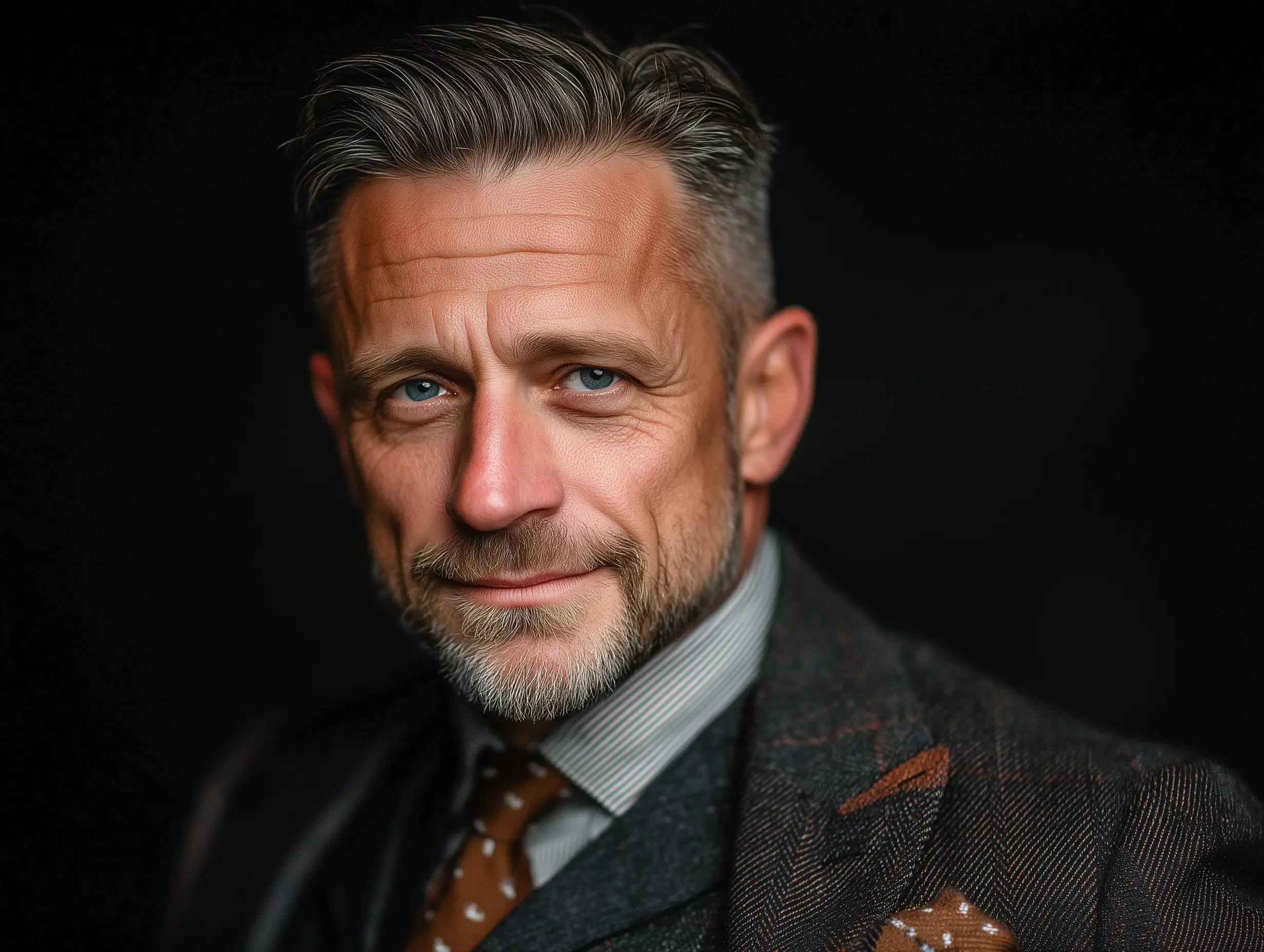 High-end executive headshot, dark neutral backdrop, luxury three-point lighting, tailored suit, controlled shadows, premium corporate aesthetic, sharp professional texture