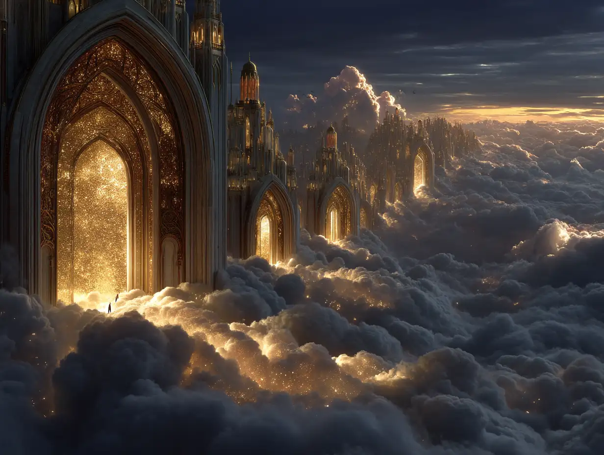 Golden celestial city floating above clouds, radiant marble towers glowing with divine light, crystal gates shimmering, angelic silhouettes in distance, cinematic realism, volumetric sunlight, painterly detail