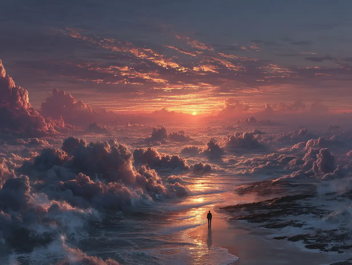 Endless sea of clouds under divine sunrise, angel figure standing in distance, golden-blue gradient sky, reflective light, serene and majestic, digital-painting style
