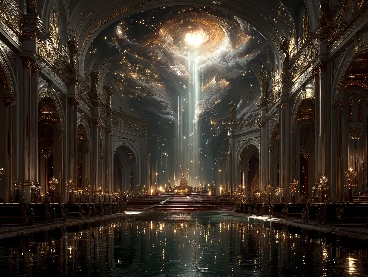 Massive radiant throne surrounded by glowing seraphim, cascading light beams, heavenly architecture, golden atmosphere, cinematic wide-angle composition, epic and reverent [图片]