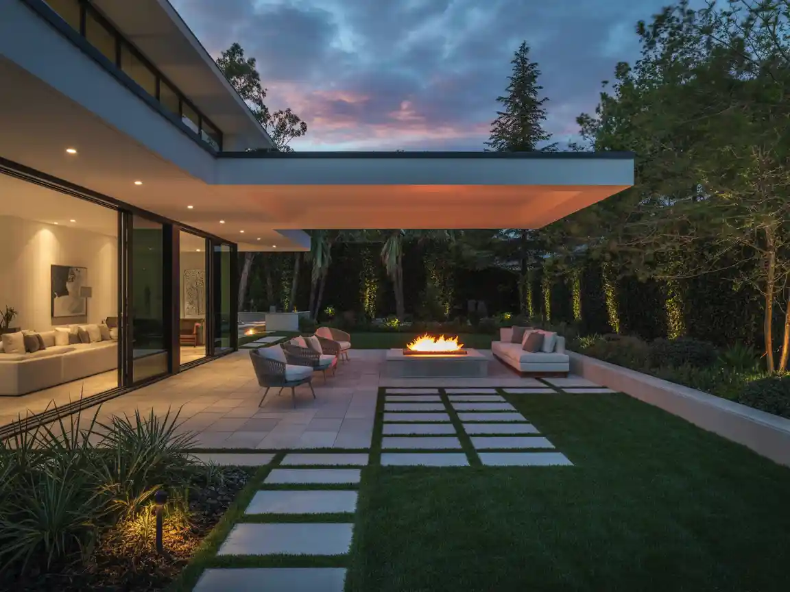Eine schöne moderne Haus-Landschaftsgestaltung mit einer eleganten Steinpatio, leuchtendem Feuerkorb, gepflegtem Rasen und ambienter Gartenbeleuchtung bei Dämmerung.