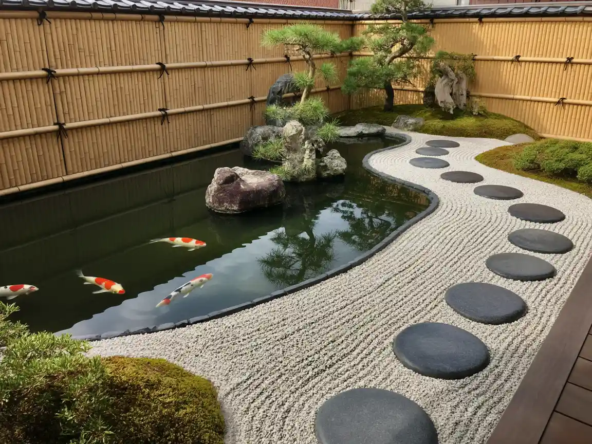 Eine ruhige japanische Zen-Garten-Landschaft mit einem Koi-Teich, Bambuszaun, sorgfältig gefegtem Kies und Trittsteinen, friedliche Ästhetik.
