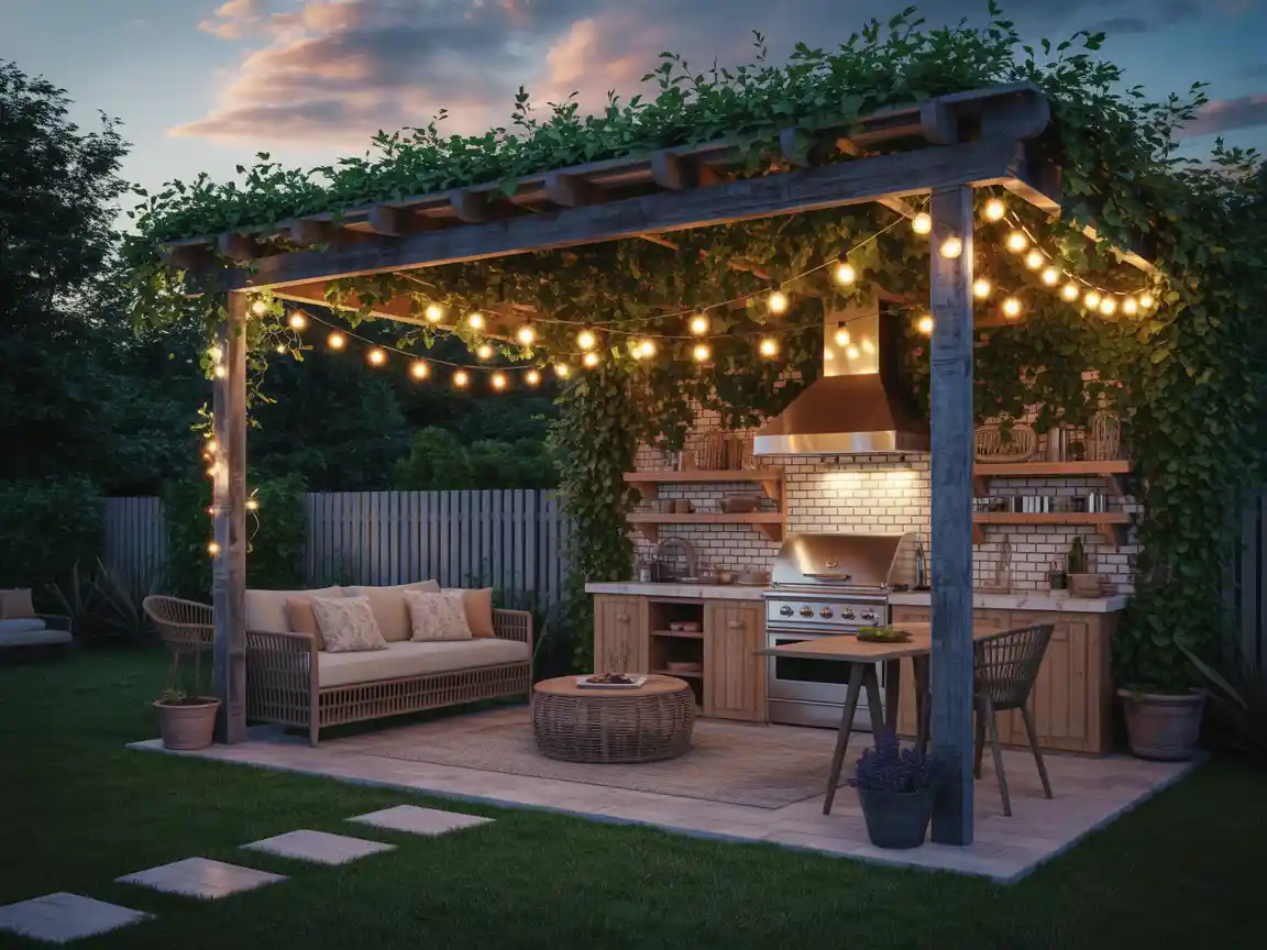Eine gemütliche rustikale Hinterhof-Landschaft mit Außenküche, Holzpergola bedeckt mit Kletterranken und Lichterketten, warmen Sommerabend.