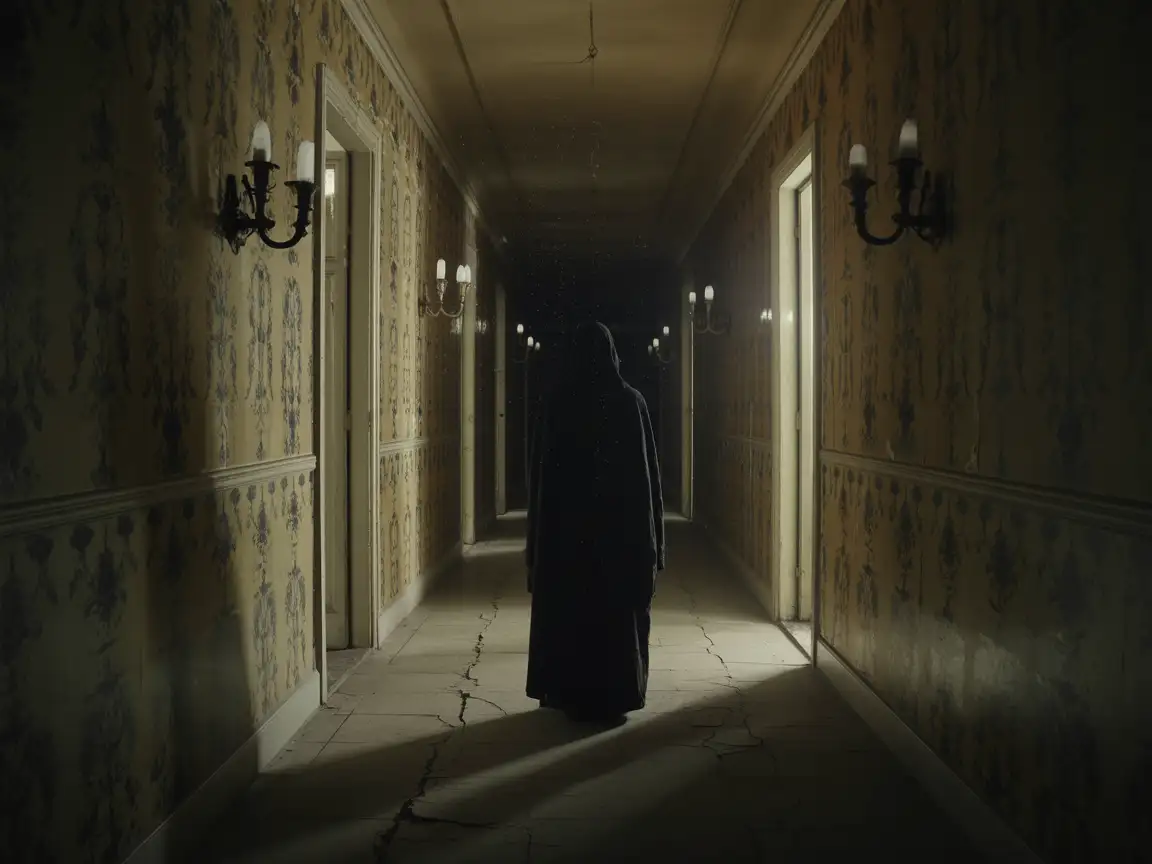 A shadowy figure standing at the end of a long, dimly lit hallway with flickering lights and peeling wallpaper