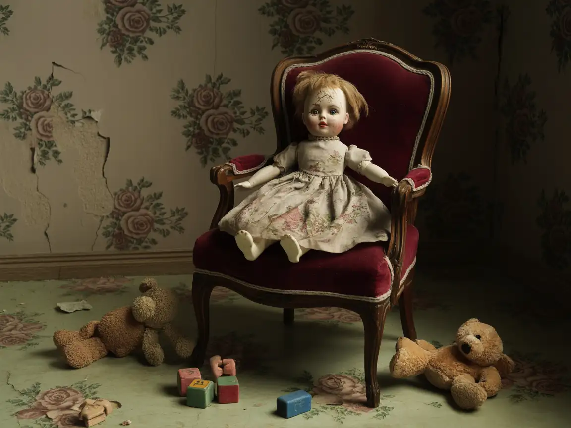 A possessed doll sitting on an antique chair, surrounded by scattered toys and faded wallpaper