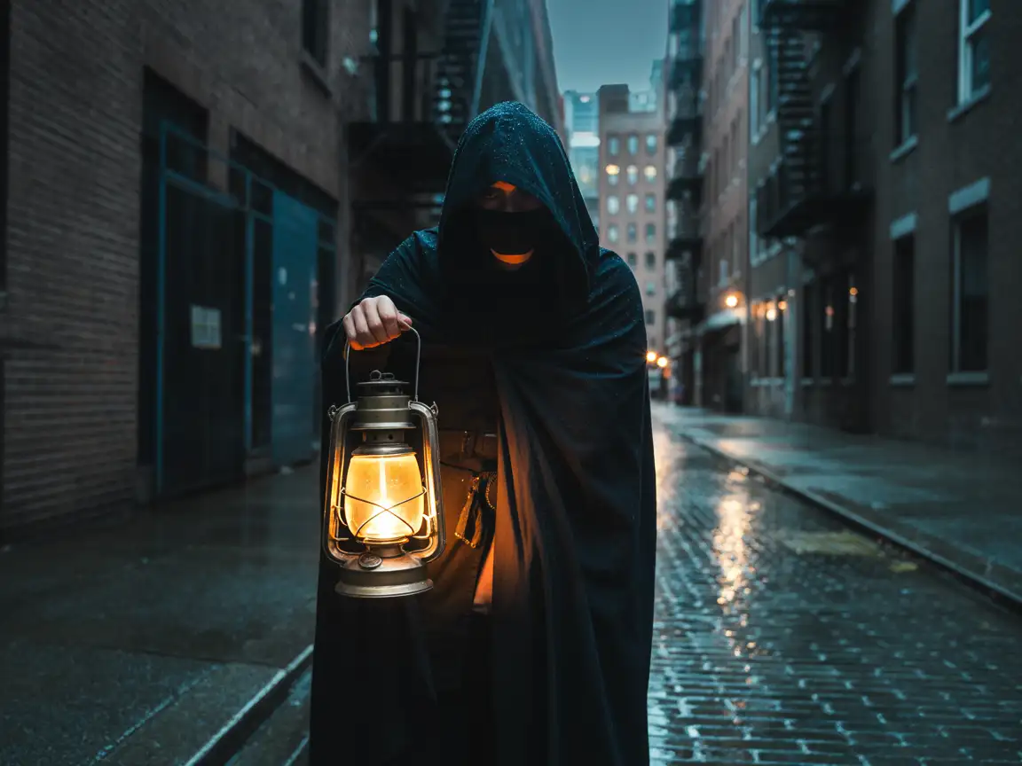 A hooded figure holding an ancient lantern in a rain-soaked alleyway at night