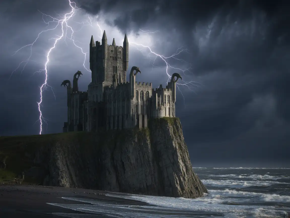 A gothic castle on a cliff during a thunderstorm, lightning illuminating monstrous gargoyles