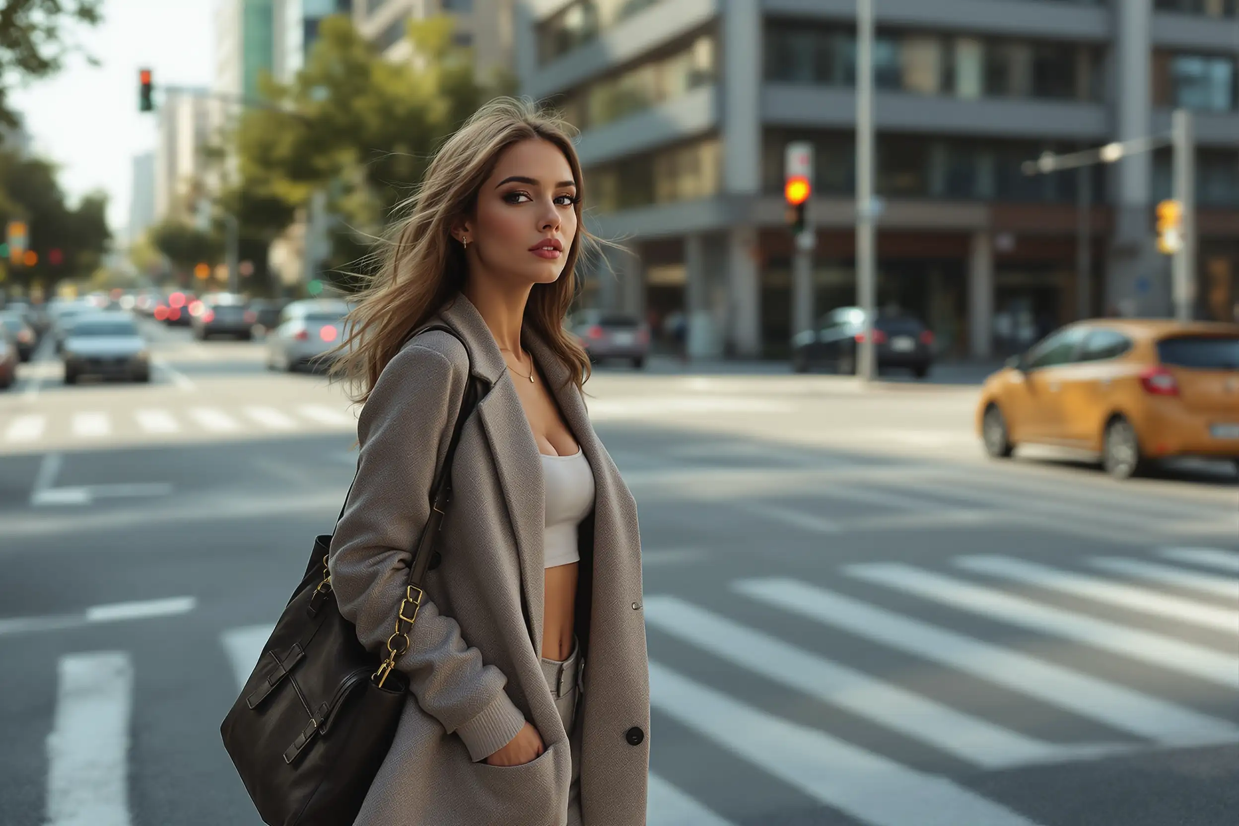 “A sexy woman posing against a sleek modern building, realistic daylight, photorealistic textures, stylish attire emphasizing curves, sophisticated and seductive urban presence”