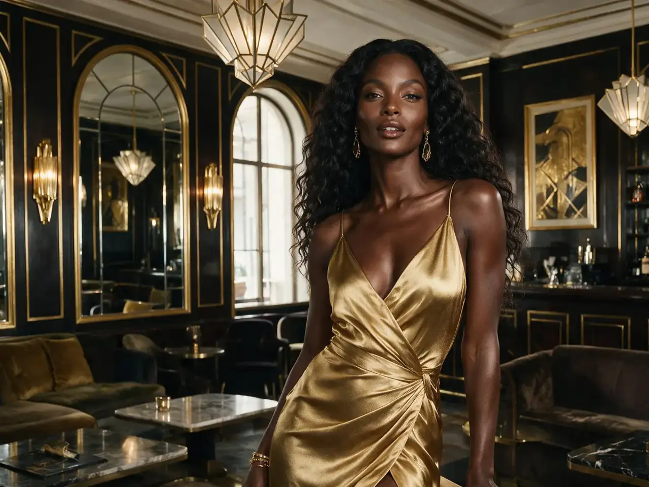 Art deco cocktail lounge portrait with a gold satin dress, sculpted lighting, and polished luxury fashion styling.