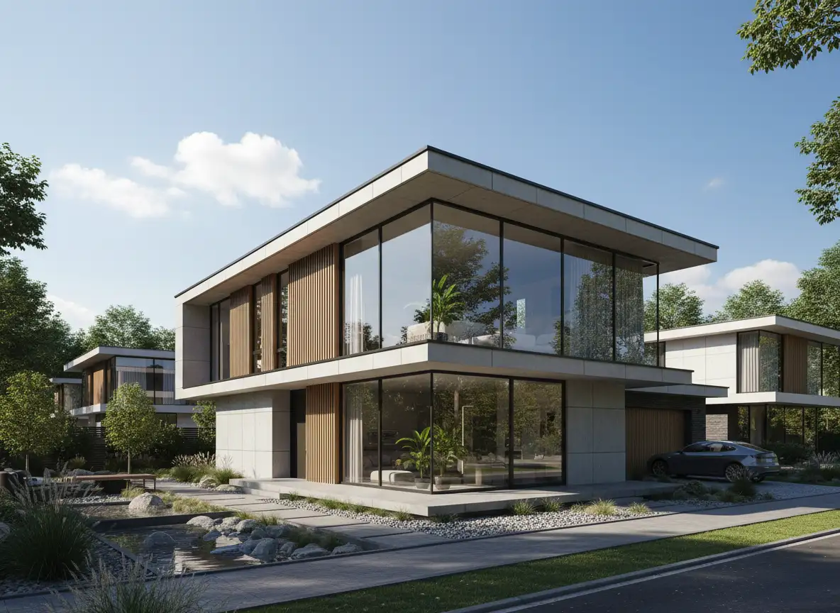 Modern residential house with large windows, clean architecture, natural daylight, realistic exterior rendering, peaceful neighborhood