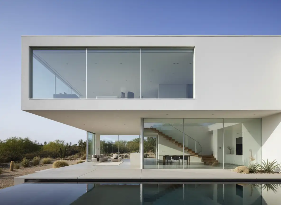 Minimalist modern house with clean lines, white walls, large glass windows, natural daylight, architectural photography style