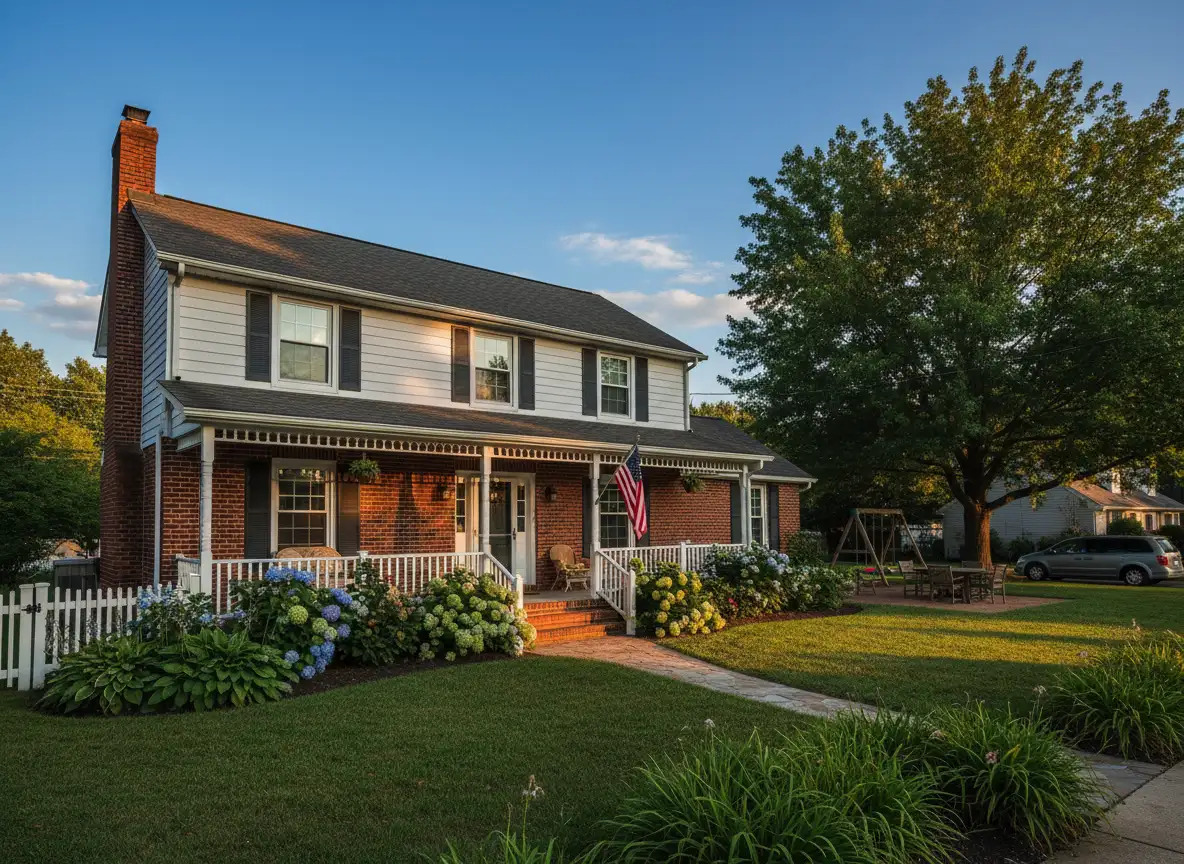Traditional family house with garden, blue sky, warm sunlight, realistic suburban atmosphere