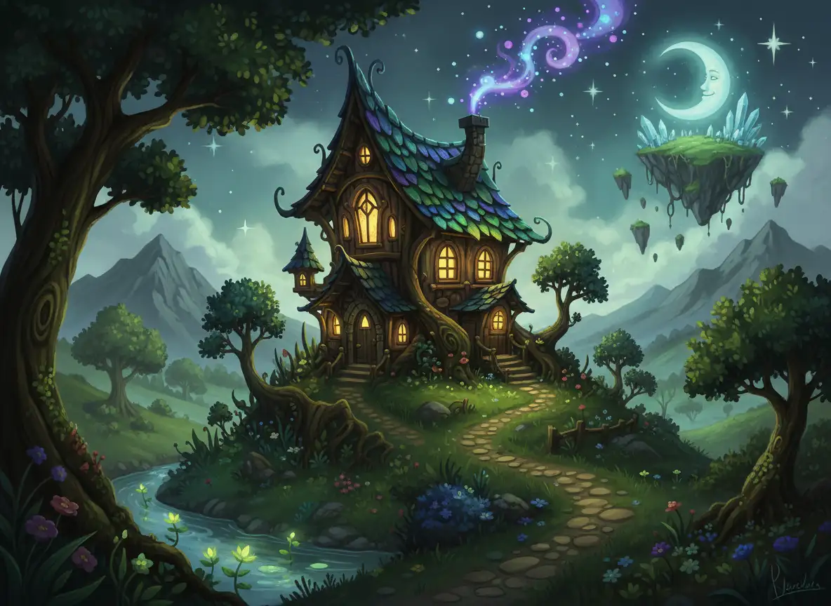 Fantasy house on a hill, glowing windows, magical atmosphere, storybook illustration style