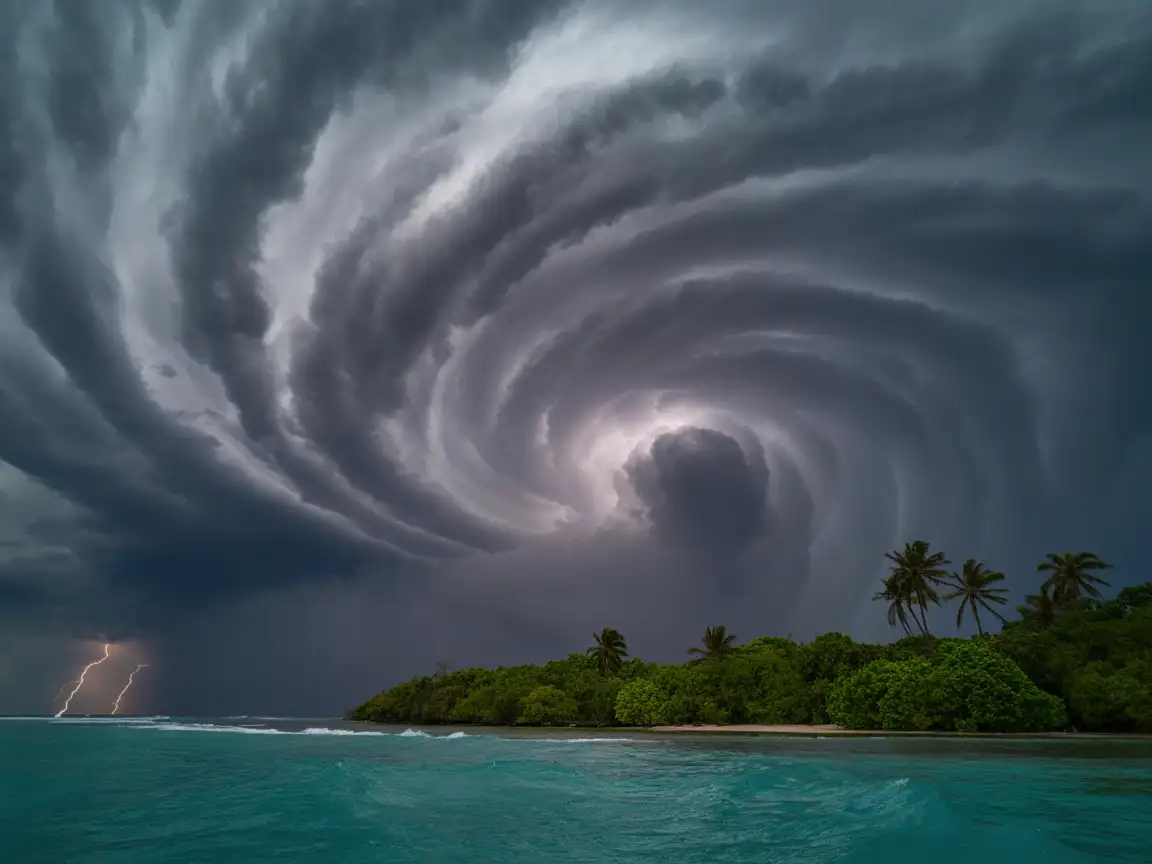 Satellite view of a hurricane approaching a tropical coastline, spiral clouds and storm bands visible, realistic ocean reflections.